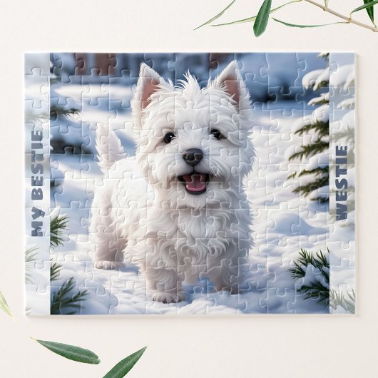 Puzzle Cute White Dog Westie Winter Snow Nom personnalisé