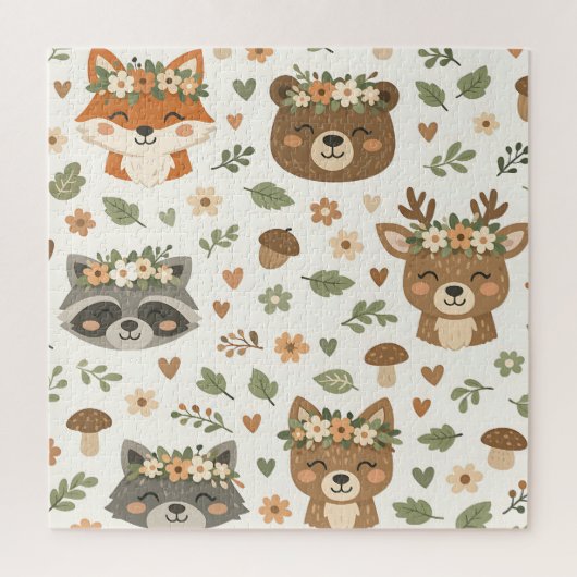 Puzzle Cute Woodland Animals Floral Pattern (Vertical)