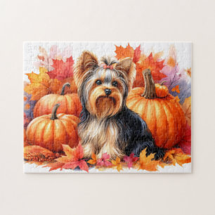 Puzzle Cute Yorkie Terrier Automne Feuilles et Citrouille