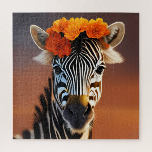 Puzzle Cute Zebra portant des fleurs orange