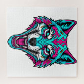 Puzzle Cyberpunk Neon Wolf - Synthwave Robotic Animal (Horizontal)