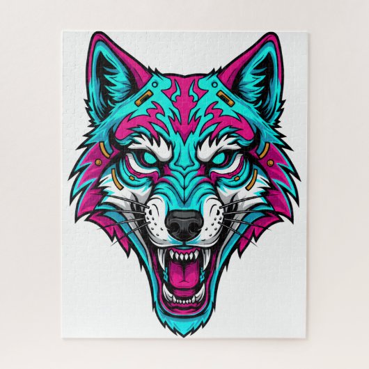 Puzzle Cyberpunk Neon Wolf - Synthwave Robotic Animal (Vertical)