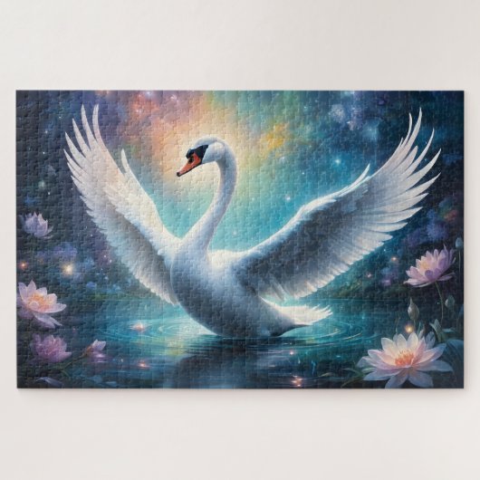 Puzzle Cygne magique imaginaire minuit nénuphars (Horizontal)