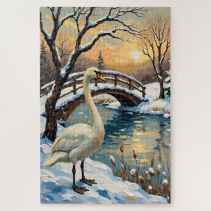 Puzzle Cygne Vintage par le Pont enneigé Peinture de Noël