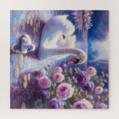 Puzzle Cygnet blanc avec Roses violets (Horizontal)