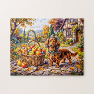 Puzzle Dachshund assis à côté des pommes citrouilles auto