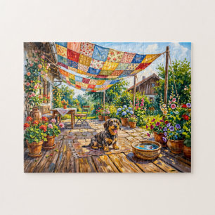 Puzzle Dachshund assis sous un jardin coloré en patchwork