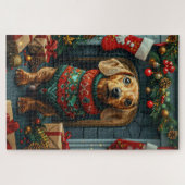Puzzle Dachshund avec des cadeaux de Noël devant une chem (Horizontal)