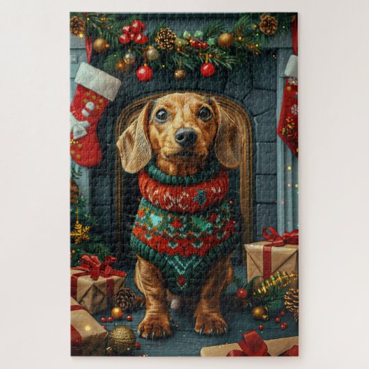 Puzzle Dachshund avec des cadeaux de Noël devant une chem (Vertical)