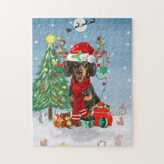 Puzzle Dachshund Chien en neige avec cadeaux de Noël (Vertical)