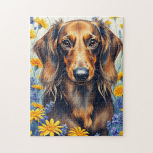 Puzzle Dachshund dans le jardin aux fleurs