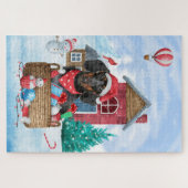 Puzzle Dachshund dans une maison de Noël enneigée  (Horizontal)