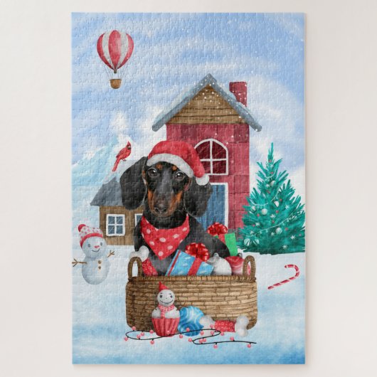 Puzzle Dachshund dans une maison de Noël enneigée  (Vertical)