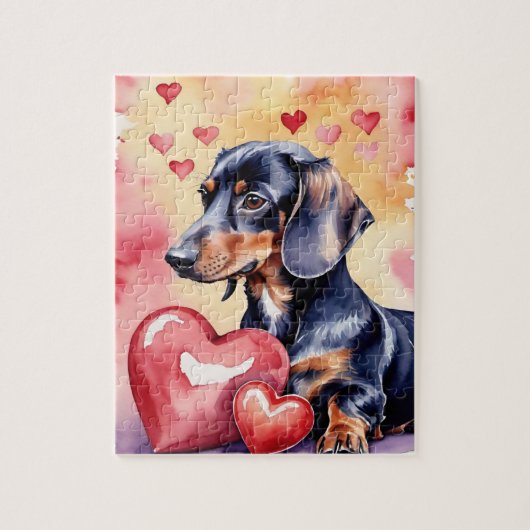 Puzzle Dachshund Dog Pet Portrait Watercolor Valentine (Vertical)