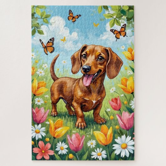 Puzzle Dachshund Fleurs Printanières Chien Mignon (Vertical)