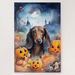 Puzzle Dachshund Halloween avec citrouilles épouvantable