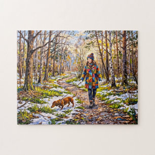 Puzzle Dachshund marchant le long d'un chemin forestier e
