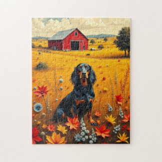 Puzzle dachshund on the farm in autumn