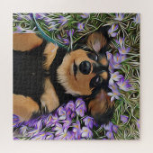 Puzzle Dachshund Pose Dans Les Fleurs Violettes (Horizontal)