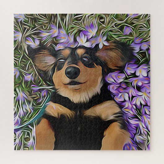 Puzzle Dachshund Pose Dans Les Fleurs Violettes (Vertical)