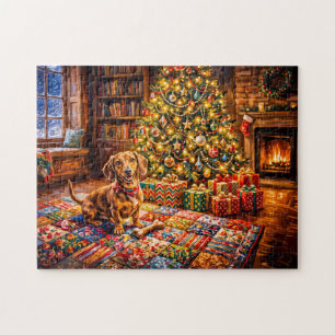 Puzzle Dachshund se reposant à côté d'un feu d'arbre de N
