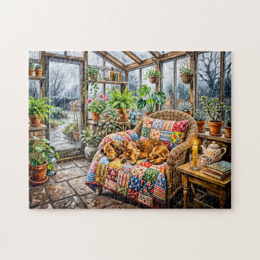 Puzzle Dachshund se reposant sur une chaise patchwork à l (Horizontal)