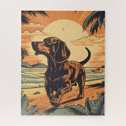 Puzzle Dachshund sur une plage tropicale au coucher du so (Vertical)