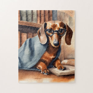 Puzzle Dachshund vintage dans l'ancienne bibliothèque