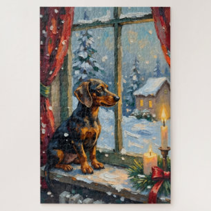 Puzzle Dachshund vintage près d'une fenêtre de Noël cosy