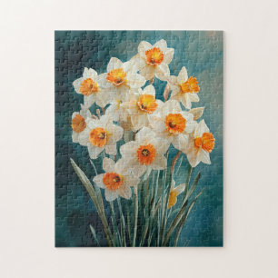 Puzzle Daffodils Aquarelle Fond Sarcelle