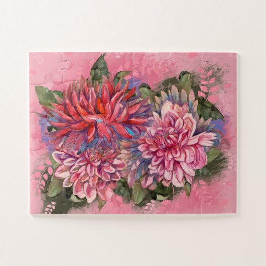 Puzzle Dahlias flowers pink watercolor pattern (Horizontal)