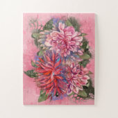Puzzle Dahlias flowers pink watercolor pattern (Vertical)