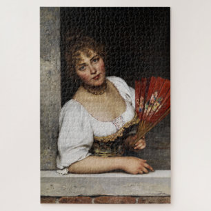 Puzzle Dame au éventail rouge (d'Eugène de Blaas)