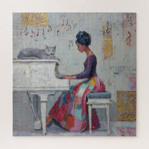 Puzzle Dame au piano scintillante chat violet gris