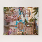Puzzle Dame Chic Retraitée Thème Flamant Rose Plage Tropi (Horizontal)