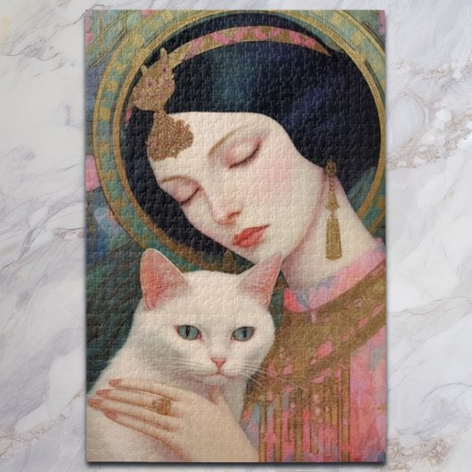 Puzzle Dame élégante en rose avec chat blanc I Art Nouvea