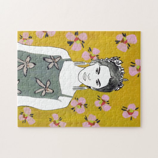 Puzzle Dame en fleurs roses - Jaune (Horizontal)