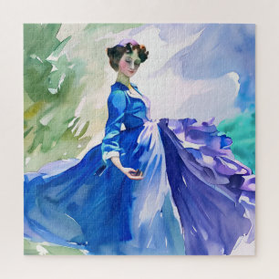 Puzzle Dame en Robe Bleue - Peinture aquarelle