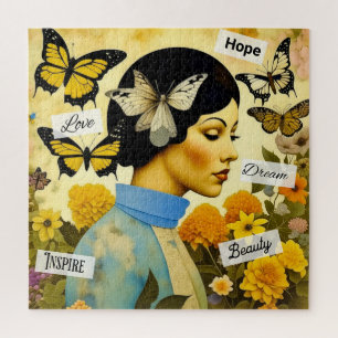 Puzzle Dame Vintage, Papillons, Fleurs et Inspirante