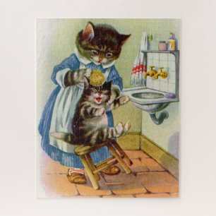 Puzzle dans les années 1930, kitty mama lave son chaton