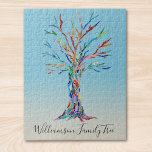 Puzzle d'arbre familial personnalisé<br><div class="desc">Puzzle d'arbre généalogique personnalisé Ce puzzle élégant est décoré d'un design d'arbre généalogique coloré sur un arrière - plan à l'ombre bleue. Customisez-le avec votre nom de famille. L'arbre était à l'origine en mosaïque avec de minuscules morceaux de verre coloré. Mosaïque originale © Michele Davies.</div>