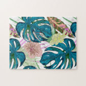 Puzzle Dark turquoise monstera, delicate peach and yellow (Horizontal)