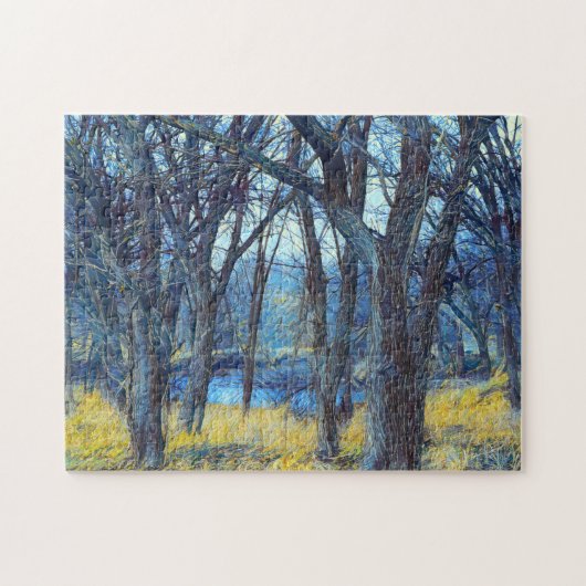 Puzzle d'art de la forêt d'arbre bleu nocturne (Horizontal)