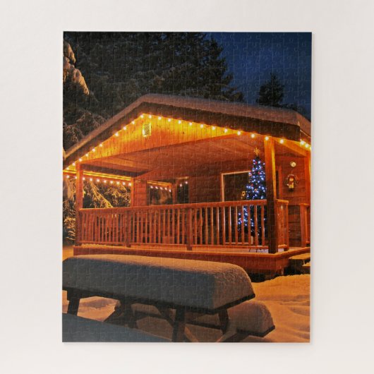 Puzzle de cabane de Noël enneigée la nuit (Vertical)