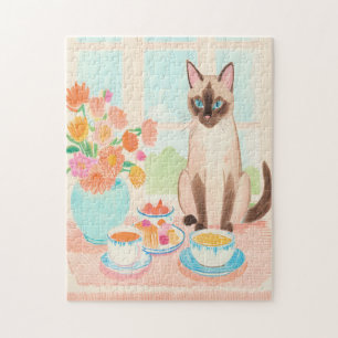 Puzzle de chat siamois et thé à l'heure