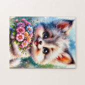 Puzzle de chiot mignon avec des fleurs (Horizontal)