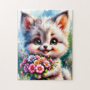 Puzzle de chiot mignon avec des fleurs