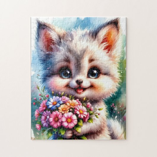 Puzzle de chiot mignon avec des fleurs (Vertical)