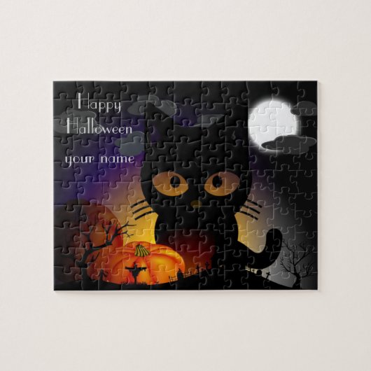 Puzzle de Halloween de chat noir de dessin animé m (Horizontal)