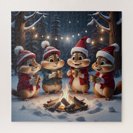 Puzzle De mignons Chipmunks de Noël autour d'un feu de ca (Vertical)